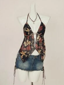 SHEIN ICON Y2k Vintage Sexy Floral Print Halter Neck Backless Tank Top With Split Hem Club Night Out Black Floral Summer Ibiza Sexy - Multicolor - View 5