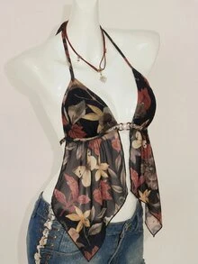 SHEIN ICON Y2k Vintage Sexy Floral Print Halter Neck Backless Tank Top With Split Hem Club Night Out Black Floral Summer Ibiza Sexy - Multicolor - View 6