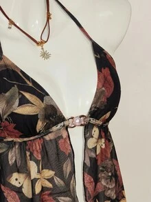 SHEIN ICON Y2k Vintage Sexy Floral Print Halter Neck Backless Tank Top With Split Hem Club Night Out Black Floral Summer Ibiza Sexy - Multicolor - View 3