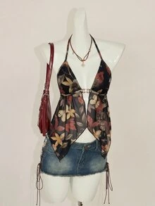 SHEIN ICON Y2k Vintage Sexy Floral Print Halter Neck Backless Tank Top With Split Hem Club Night Out Black Floral Summer Ibiza Sexy - Multicolor - View 10