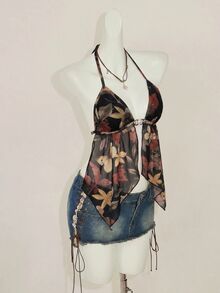 SHEIN ICON Y2k Vintage Sexy Floral Print Halter Neck Backless Tank Top With Split Hem Club Night Out Black Floral Summer Ibiza Sexy - Multicolor - View 7