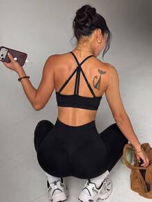 Slayform Slayform Set Olahraga Atasan Halter Tanpa Punggung dan Legging Tanpa Jahitan untuk Gym dan Latihan, Warna Hitam, Pakaian Olahraga Musim Panas - Hitam - View 9