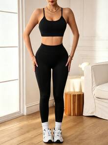 Slayform Slayform Set Olahraga Atasan Halter Tanpa Punggung dan Legging Tanpa Jahitan untuk Gym dan Latihan, Warna Hitam, Pakaian Olahraga Musim Panas - Hitam - View 5