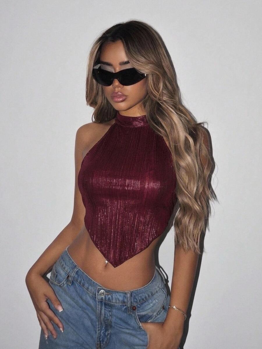 SHEIN ICON Ladies' Solid Color Simple Daily Open Shoulder Camisole Top - Burgundy - View 1
