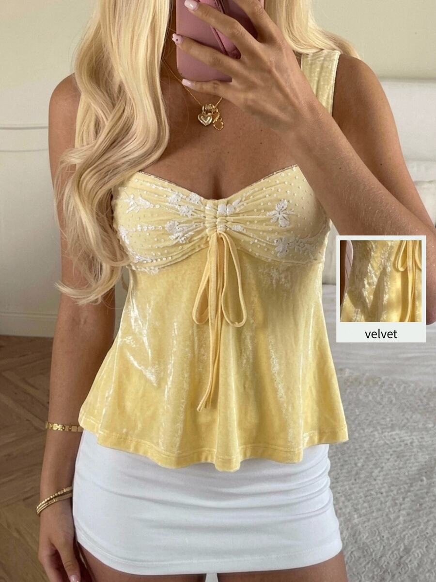 CovetEZ Women's Versatile French Lace Tie Strap Tank Top For Date - Yellow - View 1