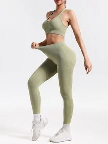 Slayform Slayform 女款露背背心與緊身褲磨砂運動套裝 - 綠色 - 查看 3