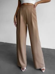 SHEIN Petite Size Solid Color High Waist Pleated Wide Leg Loose Casual Pants - Mocha Brown - View 3