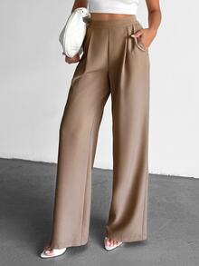 SHEIN Petite Size Solid Color High Waist Pleated Wide Leg Loose Casual Pants - Mocha Brown - View 6