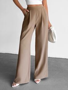 SHEIN Petite Size Solid Color High Waist Pleated Wide Leg Loose Casual Pants - Mocha Brown - View 5