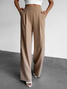 SHEIN Petite Size Solid Color High Waist Pleated Wide Leg Loose Casual Pants - Mocha Brown - View 1