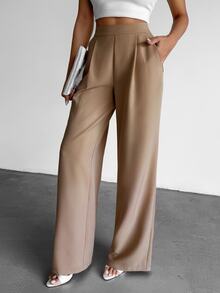 SHEIN Petite Size Solid Color High Waist Pleated Wide Leg Loose Casual Pants - Mocha Brown - View 4