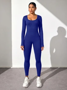 Slayform Slayform Jumpsuit Yoga Wanita Minimalis Tanpa Punggung Lengan Panjang Pas Badan - Royal Blue - View 5