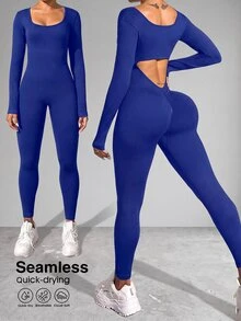Slayform Slayform Jumpsuit Yoga Wanita Minimalis Tanpa Punggung Lengan Panjang Pas Badan - Royal Blue - View 1