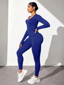 Slayform Slayform Jumpsuit Yoga Wanita Minimalis Tanpa Punggung Lengan Panjang Pas Badan - Royal Blue - View 6