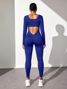 Slayform Slayform Jumpsuit Yoga Wanita Minimalis Tanpa Punggung Lengan Panjang Pas Badan - Royal Blue - View 4