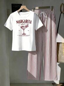 Comfortcana 2pcs/Set Embroidered Round Neck Short Sleeve Top And Striped Print Pants, Casual - Burgundy - View 3