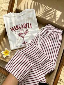 Comfortcana 2pcs/Set Embroidered Round Neck Short Sleeve Top And Striped Print Pants, Casual - Burgundy - View 5