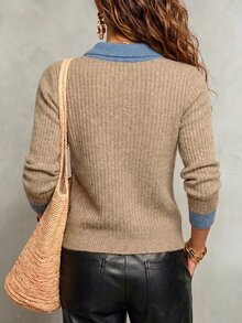 SHEIN New Spring Fall American Retro Contrast Collar Ribbed Knit Polo Women Half Button Long Sleeve Slim Fit - Multicolor - View 3