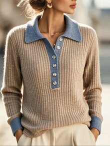 SHEIN New Spring Fall American Retro Contrast Collar Ribbed Knit Polo Women Half Button Long Sleeve Slim Fit - Multicolor - View 1