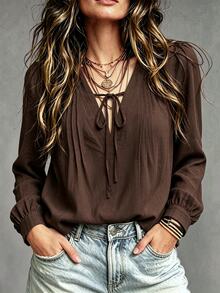 LUMIGAL V-Neck Tie Front Ruched Chest Casual Versatile Long Sleeve Autumn Women's Blouse - Coffee Brown - View 4