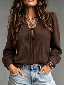 LUMIGAL V-Neck Tie Front Ruched Chest Casual Versatile Long Sleeve Autumn Women's Blouse - Coffee Brown - View 1