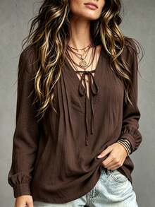 LUMIGAL V-Neck Tie Front Ruched Chest Casual Versatile Long Sleeve Autumn Women's Blouse - Coffee Brown - View 3