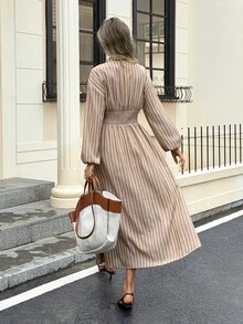 Serisse Women's Striped Pleated Casual Daily Summer Midi Dress - Brown - View 3