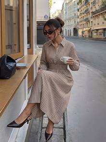 Serisse Women's Striped Pleated Casual Daily Summer Midi Dress - Brown - View 6