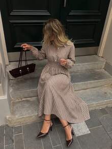 Serisse Women's Striped Pleated Casual Daily Summer Midi Dress - Brown - View 1