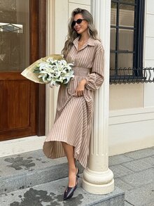 Serisse Women's Striped Pleated Casual Daily Summer Midi Dress - Brown - View 5