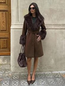 Aloruh Women's Elegant Business Casual Commuter Office Faux Fur Patchwork Mid-Length Coat, Brown Color Solid Waist-Cinching Jacket,Old Money Style,Autumn - Coffee Brown - View 6
