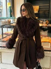Aloruh Women's Elegant Business Casual Commuter Office Faux Fur Patchwork Mid-Length Coat, Brown Color Solid Waist-Cinching Jacket,Old Money Style,Autumn - Coffee Brown - View 3