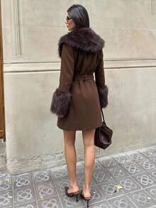 Aloruh Women's Elegant Business Casual Commuter Office Faux Fur Patchwork Mid-Length Coat, Brown Color Solid Waist-Cinching Jacket,Old Money Style,Autumn - Coffee Brown - View 2