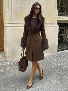 Aloruh Women's Elegant Business Casual Commuter Office Faux Fur Patchwork Mid-Length Coat, Brown Color Solid Waist-Cinching Jacket,Old Money Style,Autumn - Coffee Brown - View 1