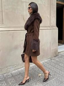 Aloruh Women's Elegant Business Casual Commuter Office Faux Fur Patchwork Mid-Length Coat, Brown Color Solid Waist-Cinching Jacket,Old Money Style,Autumn - Coffee Brown - View 5
