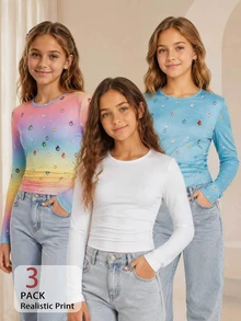 Sparklyn 3PCS Tween Girls T-Shirts School Light Blue Pink White Autumn Cute Denim Look - Multicolor - View 1