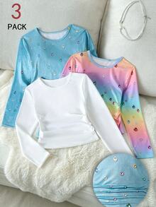 Sparklyn 3PCS Tween Girls T-Shirts School Light Blue Pink White Autumn Cute Denim Look - Multicolor - View 5