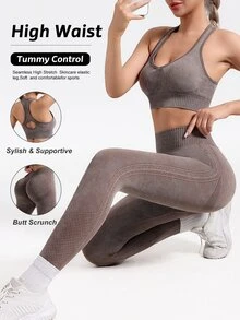 Slayform Slayform Women's Casual Matte Cropped Tank Top And High Neck Slim Fit Leggings Sports Set - Khaki - View 2