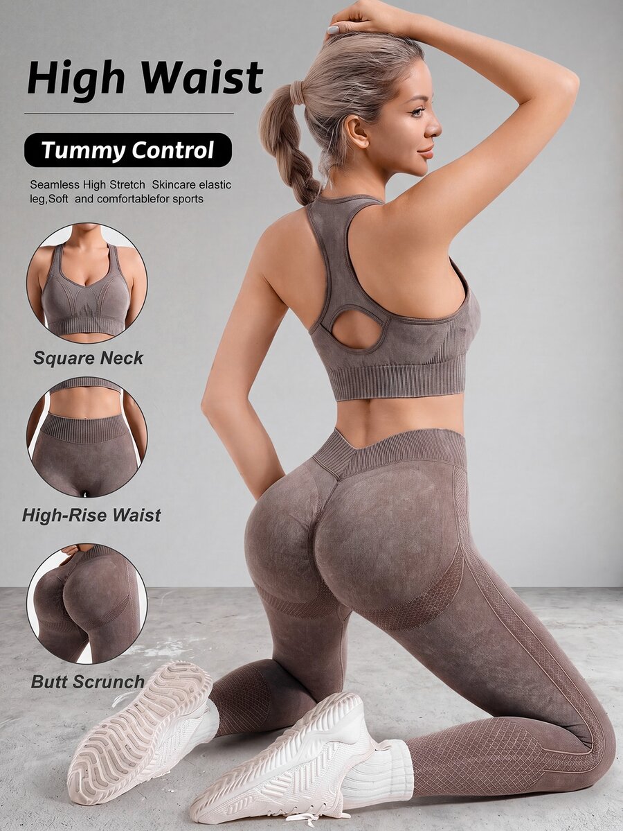 Slayform Slayform Women's Casual Matte Cropped Tank Top And High Neck Slim Fit Leggings Sports Set - Khaki - View 1