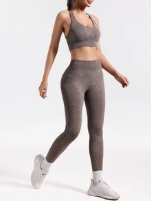Slayform Slayform Women's Casual Matte Cropped Tank Top And High Neck Slim Fit Leggings Sports Set - Khaki - View 6