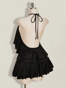 SHEIN ICON Women's Goth Black Ruffle Solid Color Halter Neck Tie Back Open Back Sexy Date Club Night Out Vacation Party Mini Dress Summer - Black - View 6
