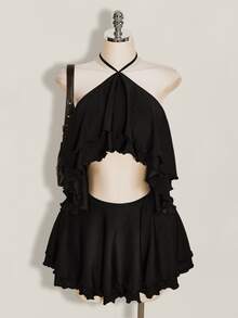 SHEIN ICON Women's Goth Black Ruffle Solid Color Halter Neck Tie Back Open Back Sexy Date Club Night Out Vacation Party Mini Dress Summer - Black - View 11