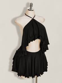 SHEIN ICON Women's Goth Black Ruffle Solid Color Halter Neck Tie Back Open Back Sexy Date Club Night Out Vacation Party Mini Dress Summer - Black - View 5