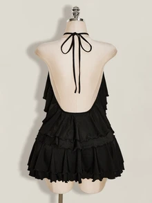 SHEIN ICON Women's Goth Black Ruffle Solid Color Halter Neck Tie Back Open Back Sexy Date Club Night Out Vacation Party Mini Dress Summer - Black - View 2