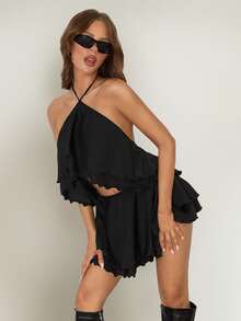 SHEIN ICON Women's Goth Black Ruffle Solid Color Halter Neck Tie Back Open Back Sexy Date Club Night Out Vacation Party Mini Dress Summer - Black - View 7