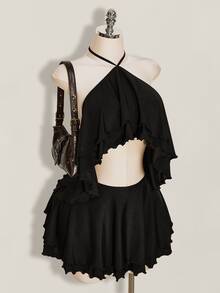 SHEIN ICON Women's Goth Black Ruffle Solid Color Halter Neck Tie Back Open Back Sexy Date Club Night Out Vacation Party Mini Dress Summer - Black - View 3