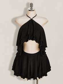 SHEIN ICON Women's Goth Black Ruffle Solid Color Halter Neck Tie Back Open Back Sexy Date Club Night Out Vacation Party Mini Dress Summer - Black - View 4