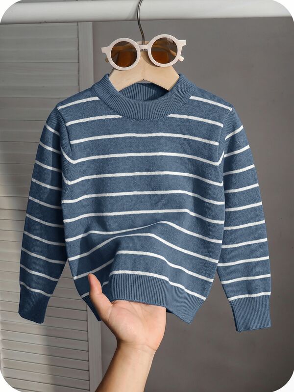 Sweater Pullover Leher Bulat Motif Garis-Garis Blok Warna untuk Liburan Kasual Musim Gugur/Dingin Anak Laki-Laki