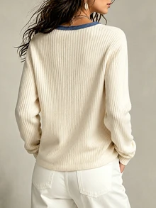 SHEIN Holidaya Autumn Tweed Style Fringe Trim Half Button Ribbed Knit Top With Contrast Pockets Brunch Blue And White Stripe Casual - Beige - View 2