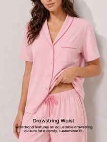LUVLETTE Summer Light Pink Women's Fresh Casual Two-Piece Set - Contrast Trim Collared Top & Drawstring Pants Pants With Pockets Fashion Casual Comfy Outfits - Pink - View 5